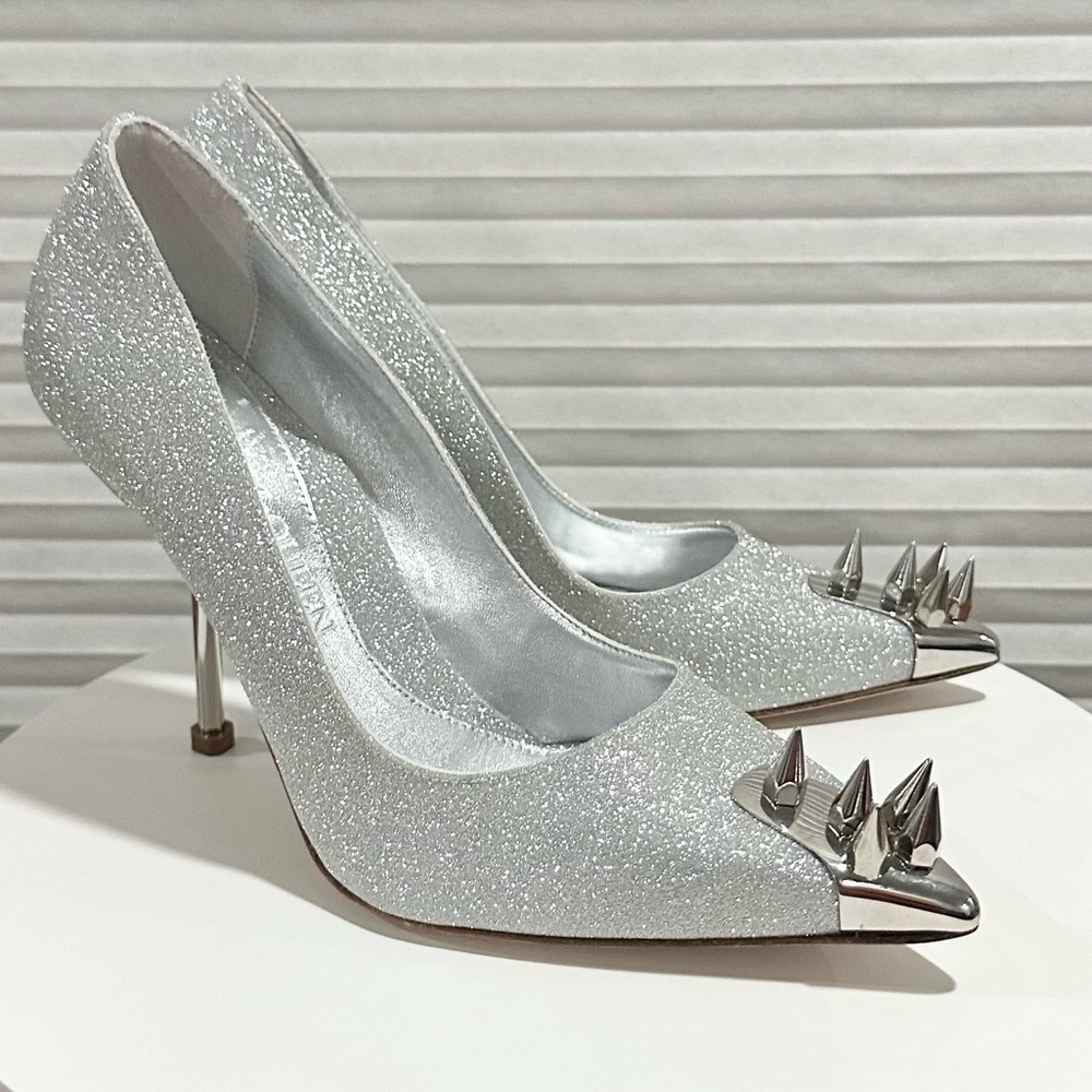 🌹ALEXANDER MCQUEEN🌹 Silver 110 Stud-Detail Punk Spike Glitter Stiletto  Size: 37 - Picture 5 of 9